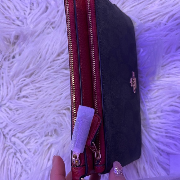 Brand New with tags Coach double wristlet in signature canvas and red leather. - Picture 3 of 4